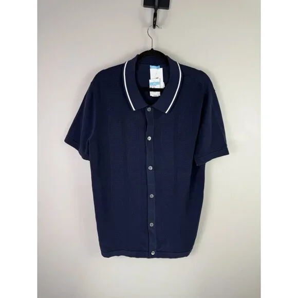 J McLaughlin Dugan Sweater Polo Navy Cotton Knit Short Sleeve MensCasual M